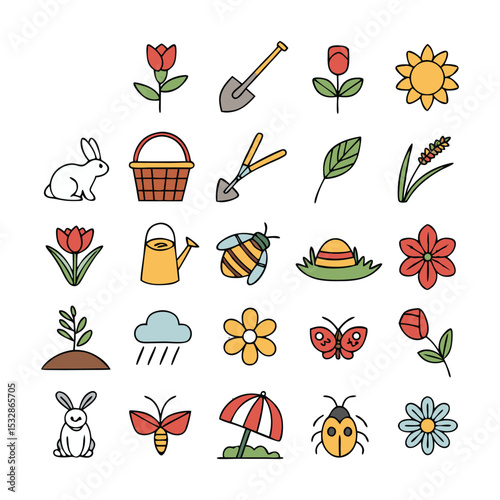 Spring Season Vector Icon Set with Adjustable Line Weight – Flowers, Plants, Gardening, Nature, Picnic, Bee, Butterfly, Bunny, Leaf, Clover, Growth, Bloom, and Camping Icons