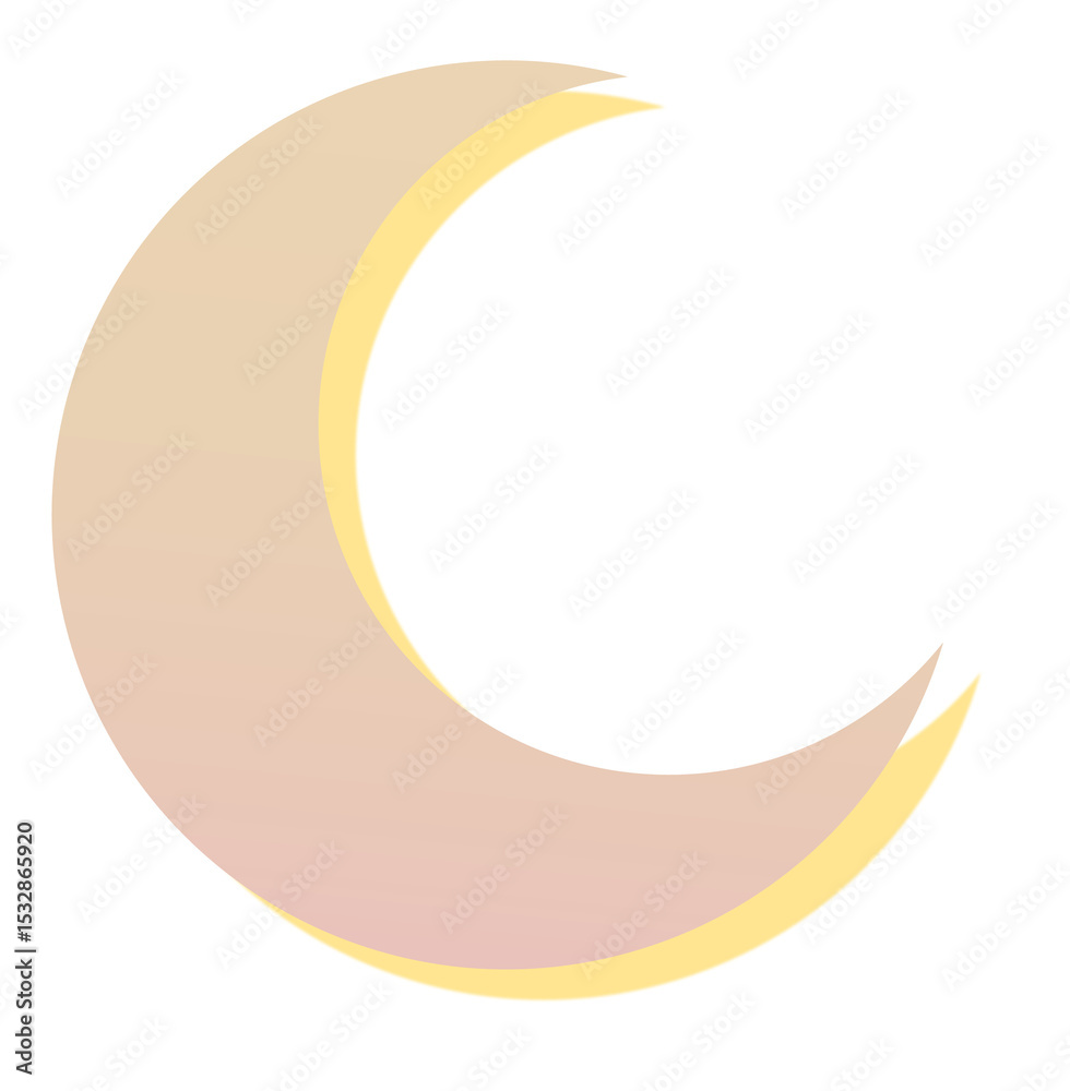 Naklejka premium Stylized crescent moon flat design graphic is floating on transparent backdrop with pastel layers