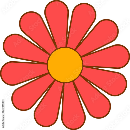 Fototapeta Naklejka Na Ścianę i Meble -  Daisy graphic showing fourteen red petals, yellow core brown-outlined on transparent canvas