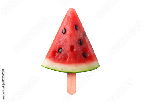 A single watermelon slice on a stick with black seeds isolated on a black background in studio shot