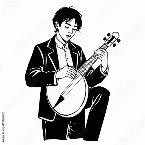 A man in a suit plays the banjo.