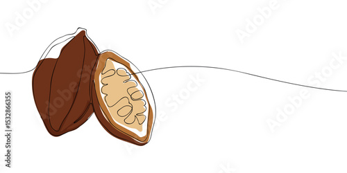 Minimalist continuous line illustration of an open cocoa pod showing seeds, ideal for chocolate, organic, or botanical themes.