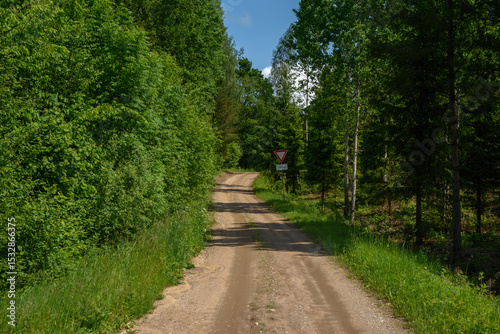 A rural dirt road surrounded by lush green forest, with a yield traffic sign visible ahead under a clear blue summer sky.