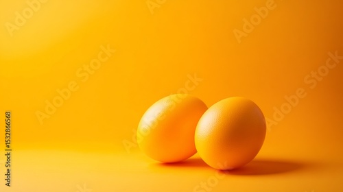 Two eggs on vibrant yellow background in minimal food photography composition with shadow lighting effect