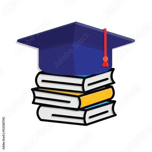 education icon. study hard. stack of books with graduation cap on top. smart, study, clever. isometric design style