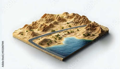 Detailed isometric map of a desert landscape with a road and water.