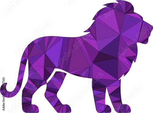 A striking, stylized silhouette of a lion, rendered in vibrant purple polygons.