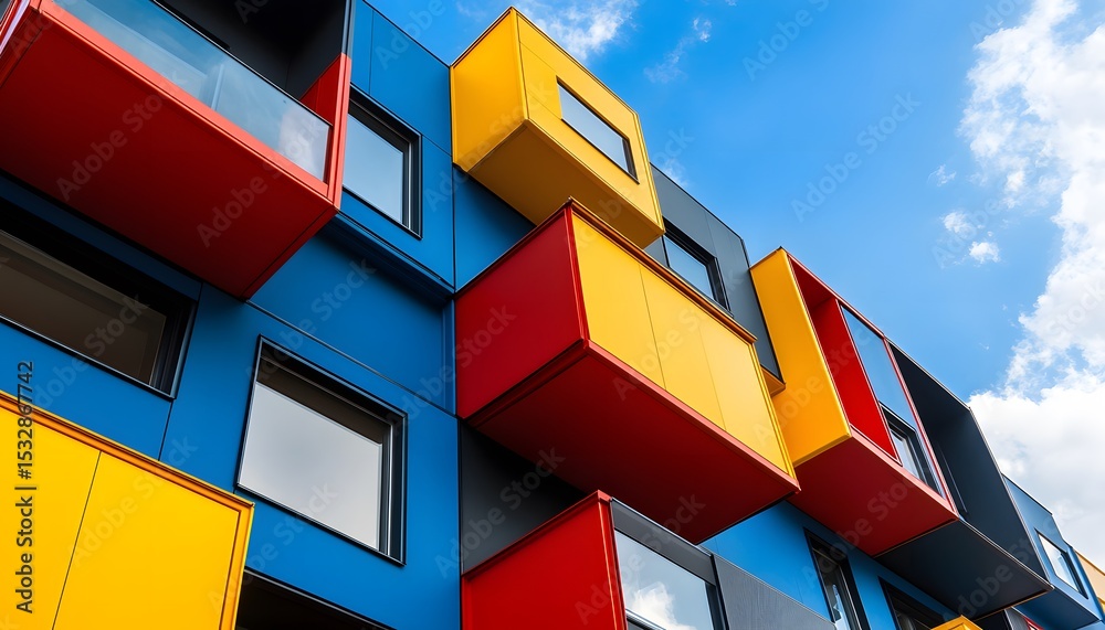 Fototapeta premium Colorful apartment building facade with geometric design.
