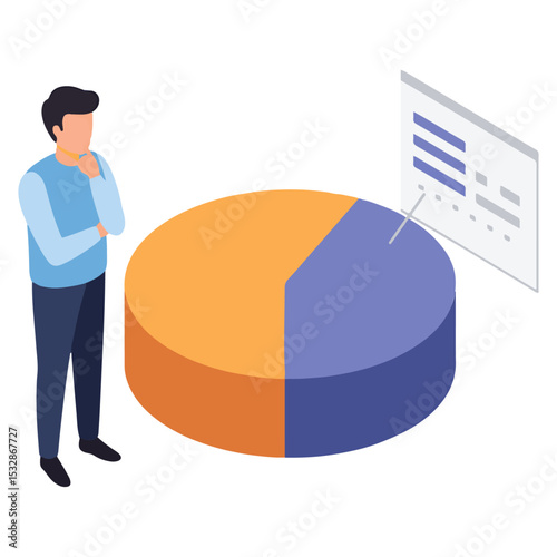 Man stares at orangepurple pie chart linked to data Hes wearing blue thinking isolated