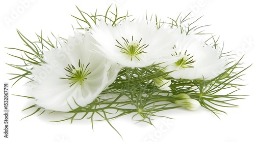 Beautiful white LoveinaMist flowers with fine green foliage on white backdrop photo