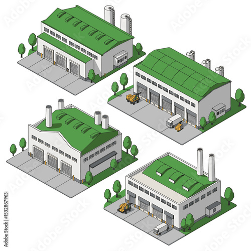 Isometric industrial buildings with green roofs silos and garage doors set on gray slabs