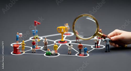 Miniature Figures Analyzing a Network, Trophy, Magnifying Glass - Business Concepts and Goals.