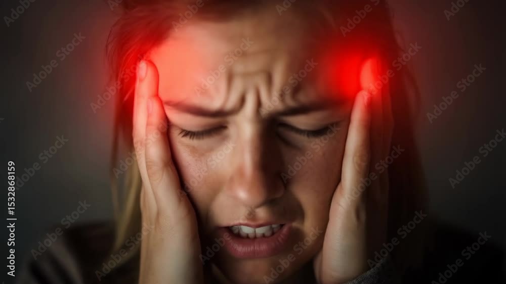 A woman is shown in distress due to a severe headache, holding her head in her hands. The dim lighting emphasizes her discomfort, creating a somber atmosphere