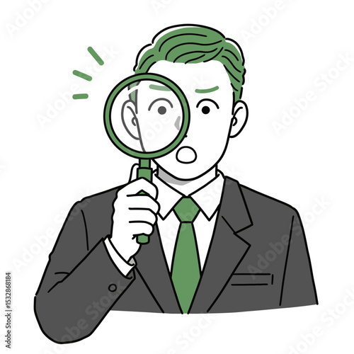 Man in suit holding magnifying glass to eye with surprised look