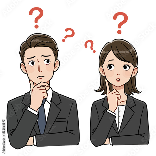 Two cartoon business people with questioning facial expressions stand sidebyside under red question marks