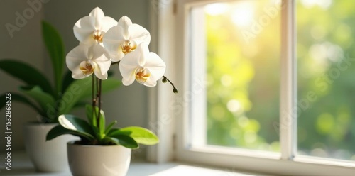 Pure white orchid in simple pot, sunlight streams through window , macro, botanical, white flowers