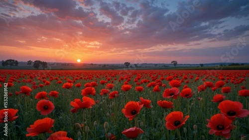 Beautiful Sunset Over a Vibrant Field of Red Poppies with Cloudy Sky