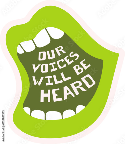 Showing stylized open mouth graphic in lime green with curved slogan text, transparent background