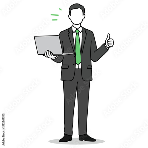 Man in suit holds laptop gives thumbs up faceless