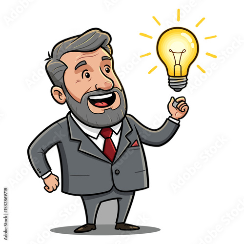 Cartoon man in a suit gestures toward a glowing lightbulb indicating he has an idea