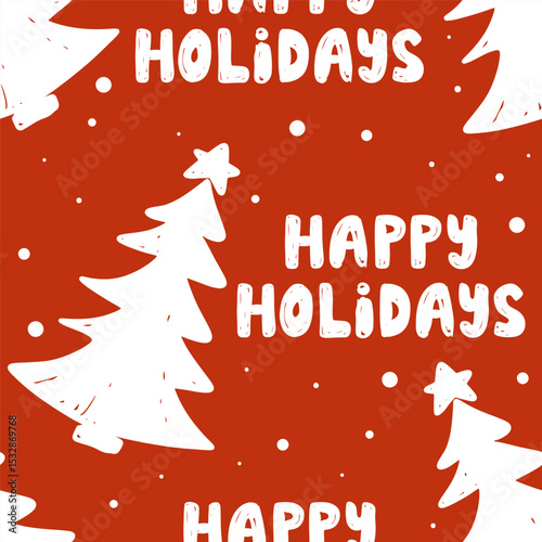 Joyful Christmas new year holiday design features white trees and cheerful greetings happy holidays on a red background. vector illustration