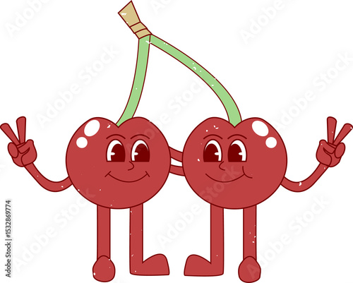 Two cartoon cherries are standing on transparent background, holding peace signs by green stem