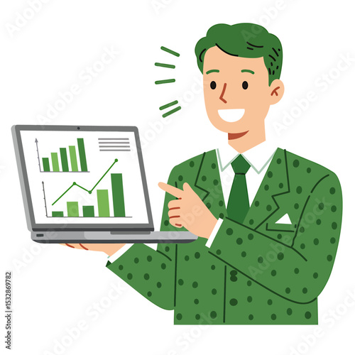 A man in a green suit holds a laptop showing growth charts pointing with a smile