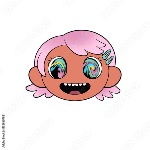 Flat cartoon head is floating on transparent background, featuring pastel pink hair and swirl eyes