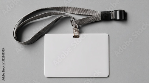 Blank White ID Card With Lanyard on Gray Background