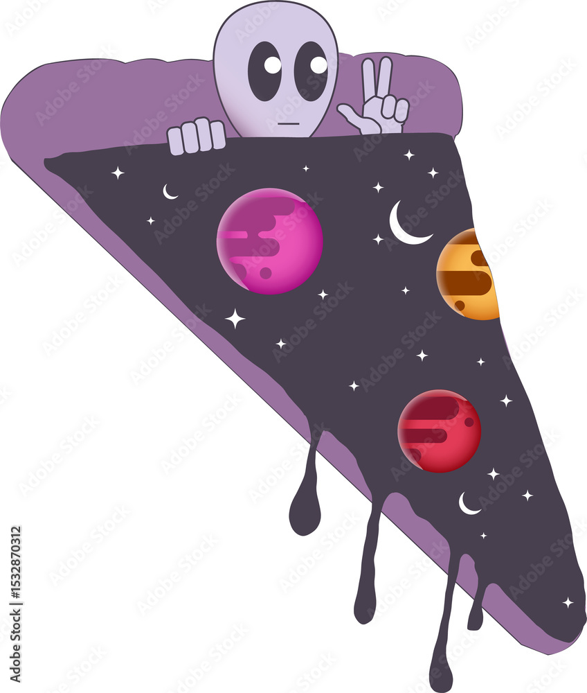 Fototapeta premium Flat design alien is peeking over dripping cosmic panel waving peace sign on transparent background