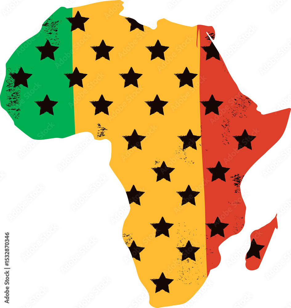 Fototapeta premium Stylized African continent is displaying flat tricolor bands with black stars on transparent canvas