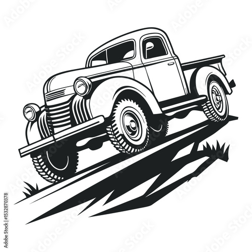Vintage pickup truck ascending a rugged incline, isolated on white background