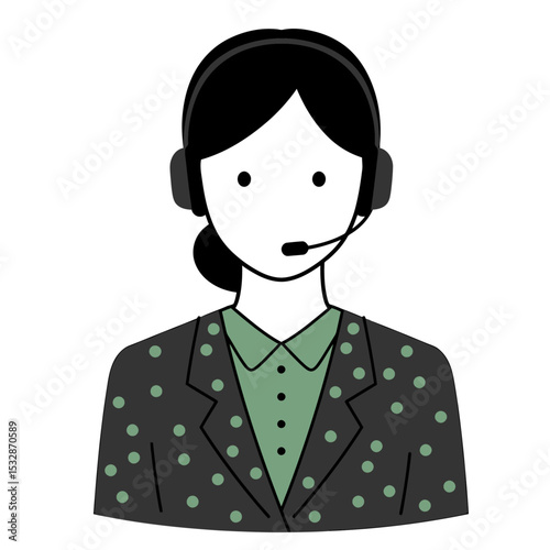 A woman with black hair and a headset wearing a green blouse under a polkadotted blazer
