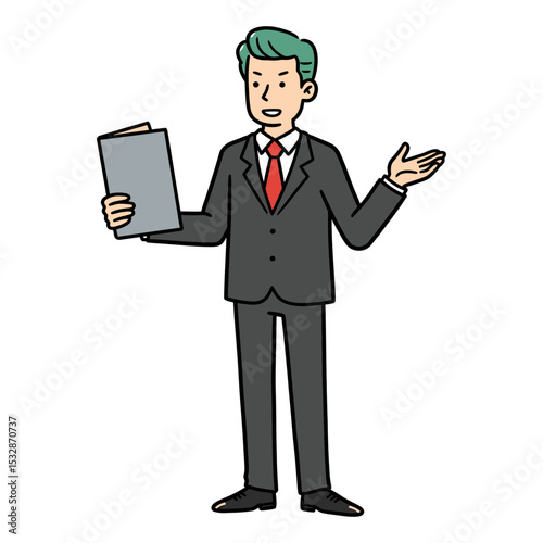 Cartoon man in suit green hair holding clipboard hand out presenting