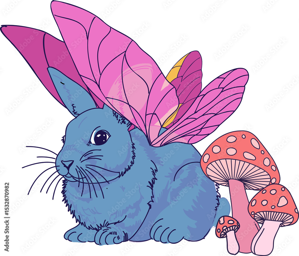 Naklejka premium Flat blue butterfly-winged rabbit is resting on transparent background with three pink mushrooms