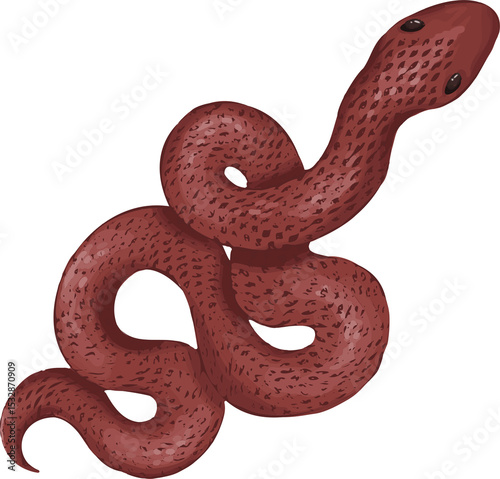Flat vector red snake is coiling on transparent bg, raised dark-eyed head, scales, copy space