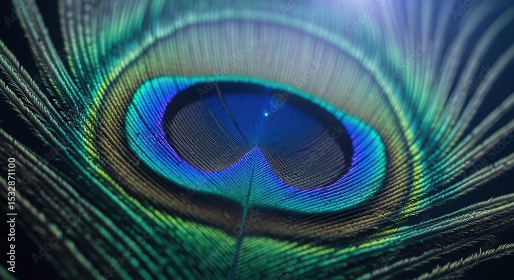 Naklejka premium Closeup Vibrant Peacock Feather with Iridescent Blue Green and Gold Colors Macro Photography
