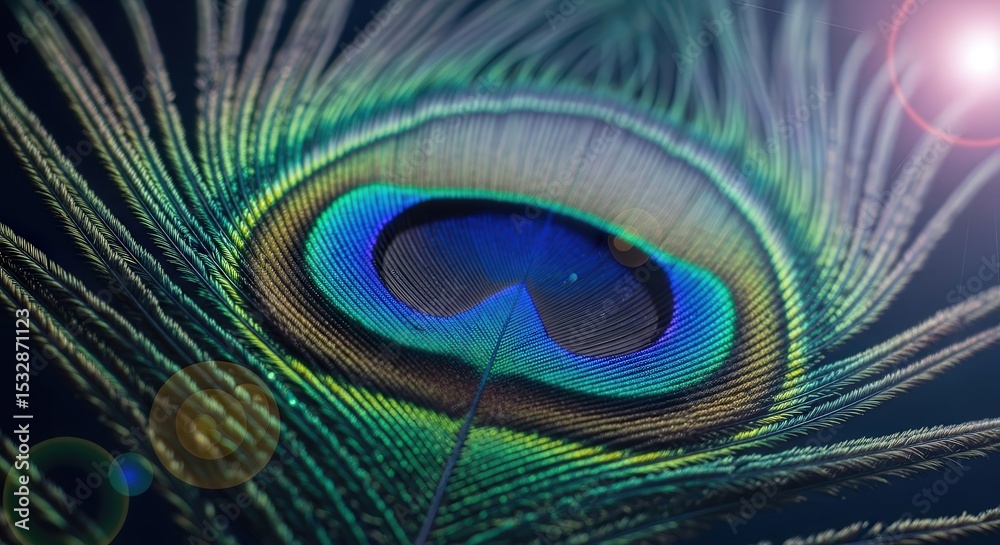 Naklejka premium Closeup Vibrant Peacock Feather with Iridescent Blue Green Eye Pattern and Soft Lighting