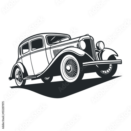 Classic black and white vintage car, isolated on white background