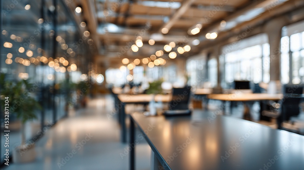 Modern Blurred Coworking Area with Glass Desks and Soft Lighting Modern Blurred Coworking Area with Glass Desks and Soft Lighting