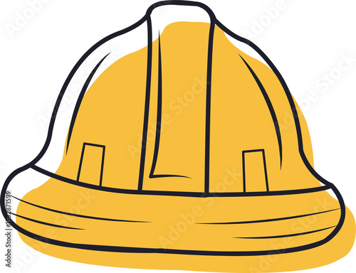 Flat design showing yellow construction hard hat with ribbed top and brim on transparent background