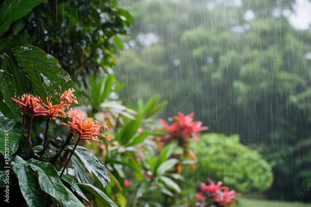 Vibrant tropical plants thrive in heavy monsoon rain in a lush rainforest setting, Rainforest plants and tropical vegetation Monsoon rain season Vibrant tropical plants thrive in heavy monsoon rain in a lush rainforest setting, Rainforest plants and tropical vegetation Monsoon rain season