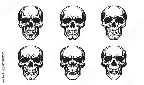 Collection of six intricate black and white silhouette skull illustrations with detailed bone structure and aesthetic appeal