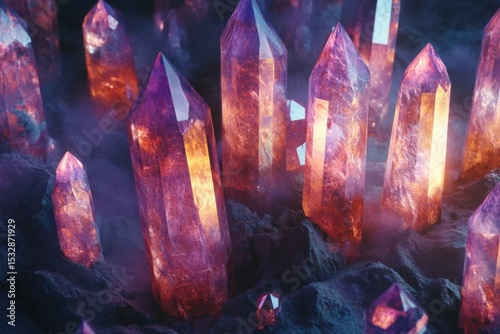Vibrant magic fantasy crystal stones glowing in a mystical landscape at dawn, Magic fantasy crystal stones Seamless 3D render
