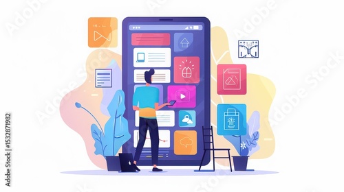 Man interacting with large smartphone interface surrounded by app icons and design elements