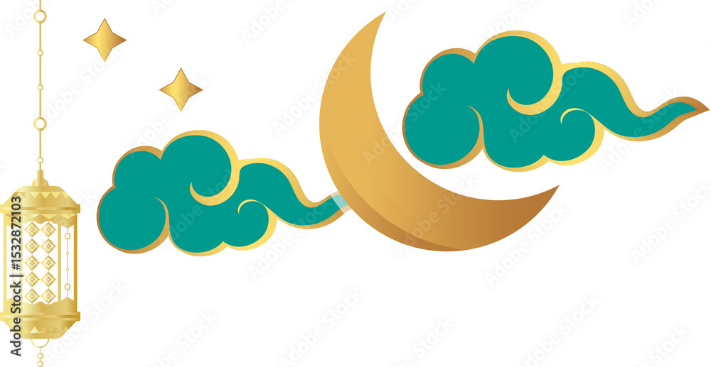 Naklejka premium Floating vector night motif with gold moon, lantern amid green clouds and stars on clear backdrop