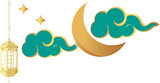 Floating vector night motif with gold moon, lantern amid green clouds and stars on clear backdrop