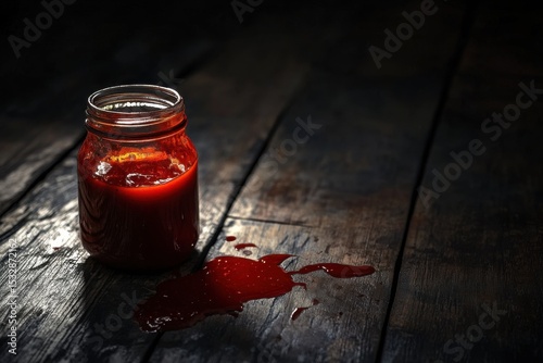 Sauce jar spilled on dark wooden surface with a rich red color creating a striking contrast, Jar Of Sauce Knocked Over In The Dark