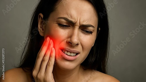 A woman is experiencing significant discomfort and jaw pain while holding her face. She looks distressed as she searches for ways to alleviate her suffering