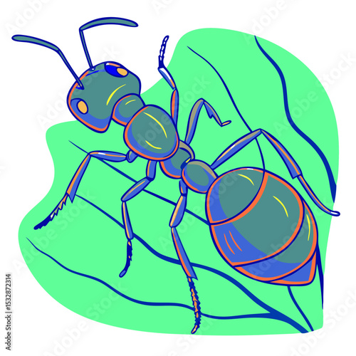 Cartoon ant resting on a leaf with a colorful background 